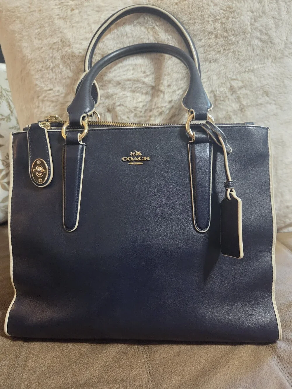 Coach Retired Crosby Navy Leather Satchel with Cream Trim and Gold Hardware